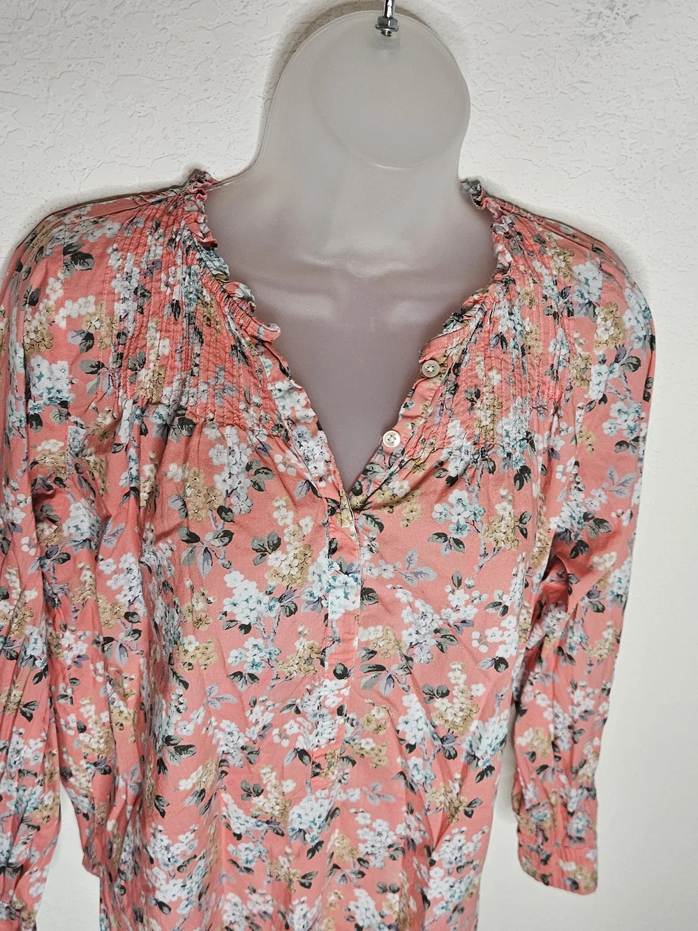 J.Crew Liberty Fabric Floral Pintuck Blouse Size 8 Coral Cotton Top Boho Coastal